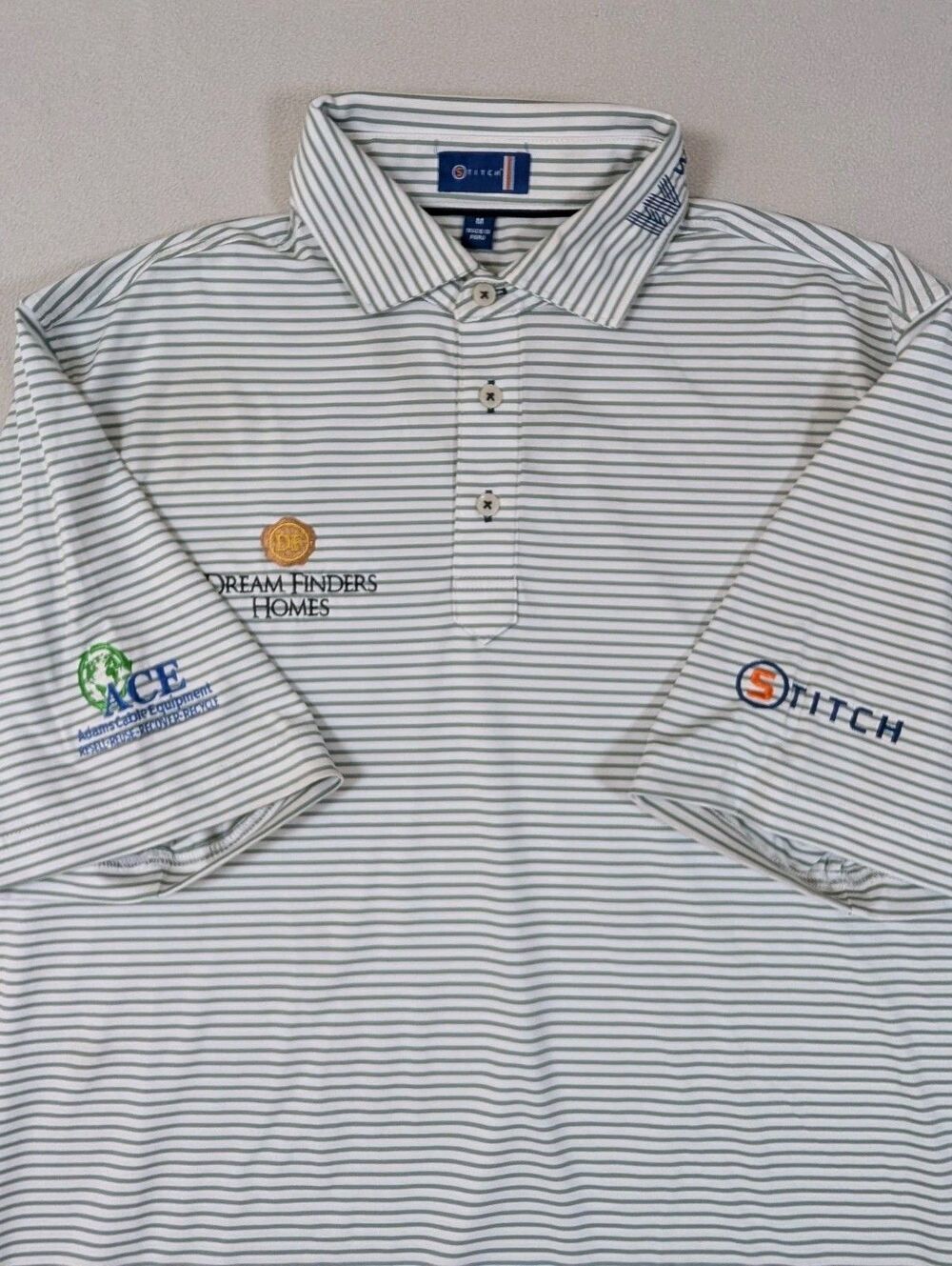 Stitch Golf Polo Shirt Dream Finders PGA Tour Issue Men's Medium Gray Striped